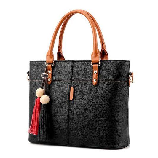 LB™ Elegant Grey Leather Handbag with Brown Handles & Colorful Tassels