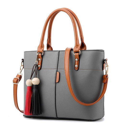 LB™ Elegant Grey Leather Handbag with Brown Handles & Colorful Tassels