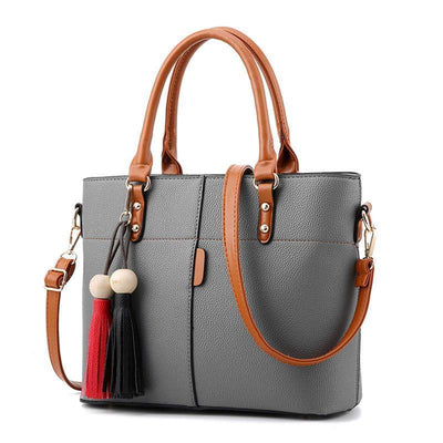 LB™ Elegant Grey Leather Handbag with Brown Handles & Colorful Tassels