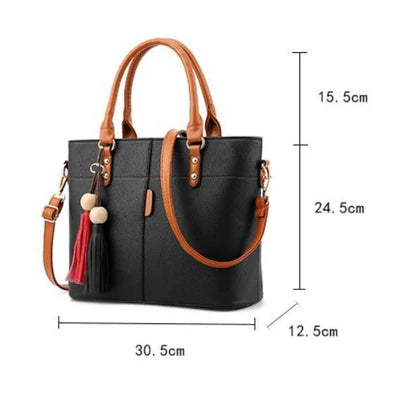 LB™ Elegant Grey Leather Handbag with Brown Handles & Colorful Tassels