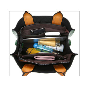 LB™ Elegant Grey Leather Handbag with Brown Handles & Colorful Tassels